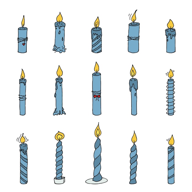 Juego de velas de cumpleaños ardiente Ilustración de garabato único Imágenes prediseñadas dibujadas a mano para el diseño del logotipo de la tarjeta