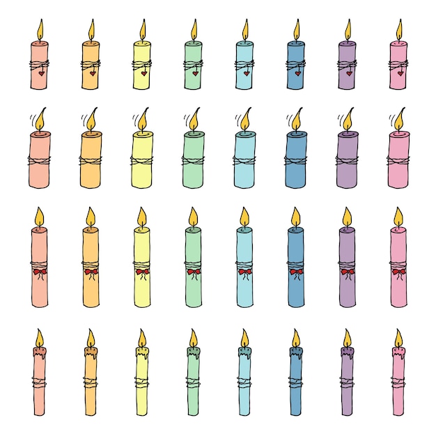 Juego de velas de cumpleaños ardiente Ilustración de garabato único Imágenes prediseñadas dibujadas a mano para el diseño del logotipo de la tarjeta