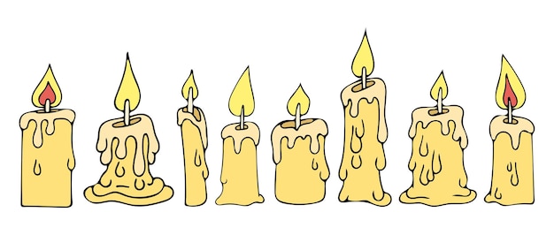 Juego de velas garabato Vela encendida de parafina para pastel y luz Decoración festiva Aromaterapia Mecha cera de llama Ilustración vectorial dibujada a mano Dibujo plano