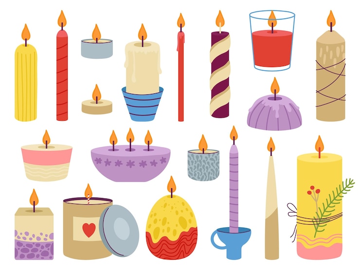 Vector juego de velas vela artesanal con detalles relajación romántica y elementos de fiesta cera aislada con aromaterapia de fuego luz cálida decoración hogar spa kit vectorial decente