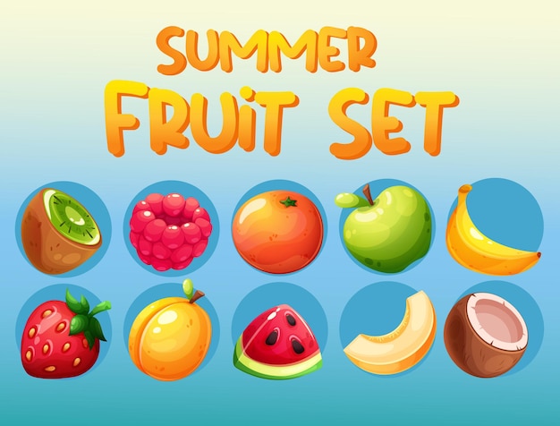 Vector juego de verano afrutado coco plátano kiwi frambuesa naranja manzana fresa albaricoque melón sandía