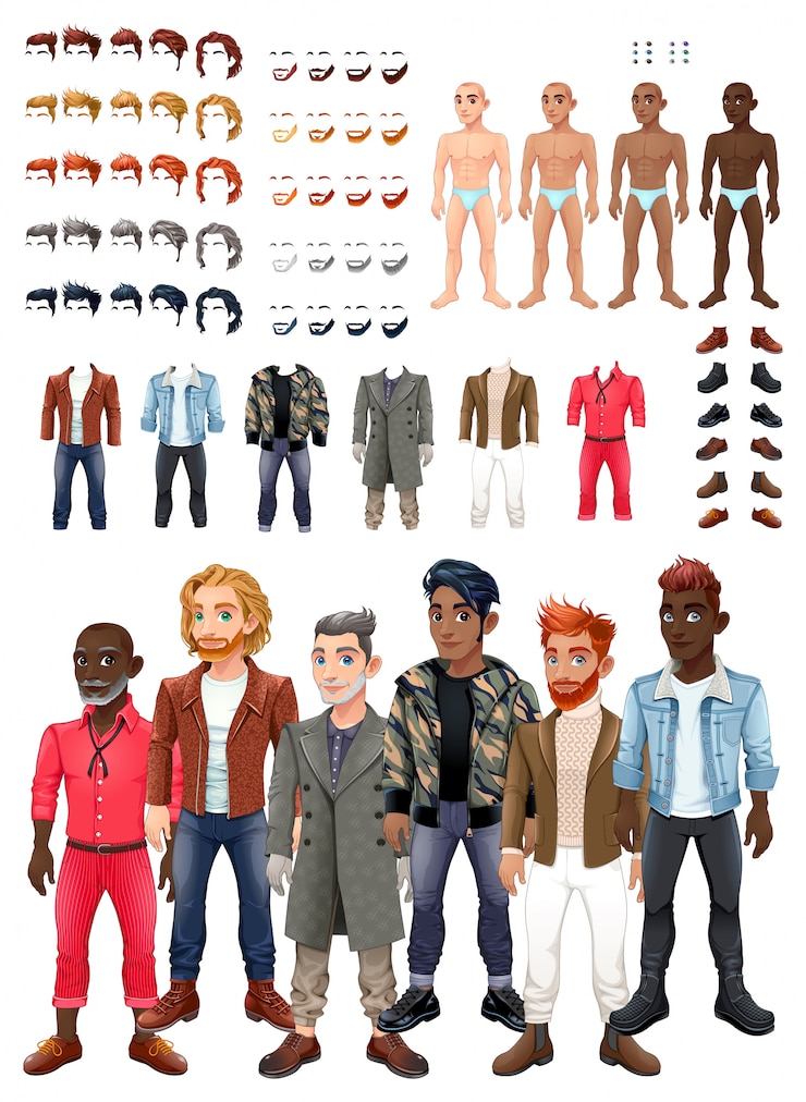 Vector juego de vestidos y peinados con avatares masculinos.
