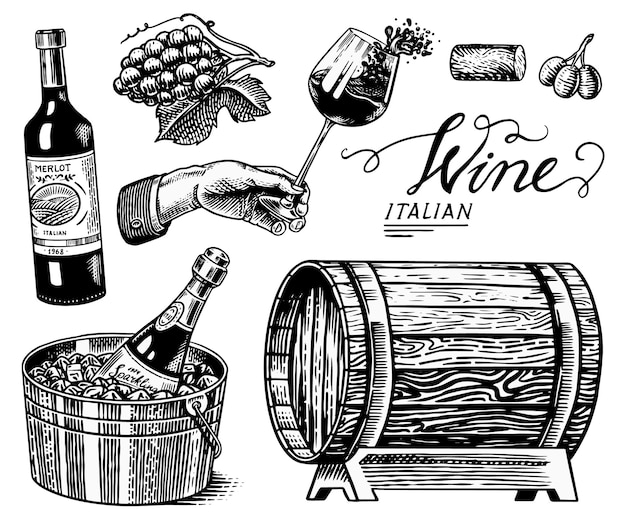 Juego de vino Bebida alcohólica en la mano Botella y vaso de champán espumoso Saludos cubo de hielo barril de madera Uvas Sacacorchos Aceitunas Corcho Dibujo grabado para el menú del restaurante del bar