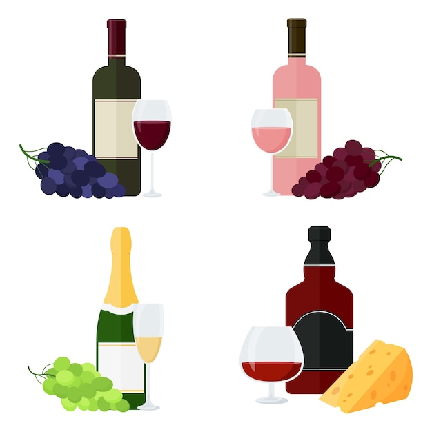 Juego de vino botellas de vino champán brandy whisky coñac copas uvas y queso