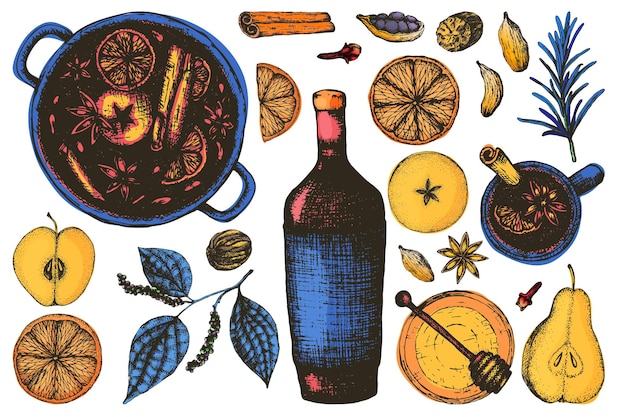 Juego para vino caliente en el estilo de grabado en color. Especias y condimentos para vino caliente, frutos secos, una botella y una taza, una cacerola con una bebida.