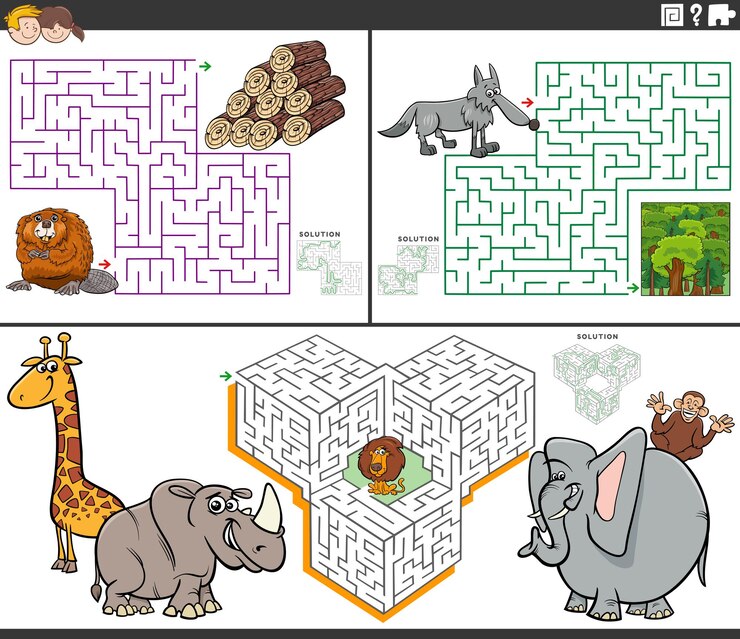 Vector juegos de actividades de laberinto con personajes de animales de dibujos animados.