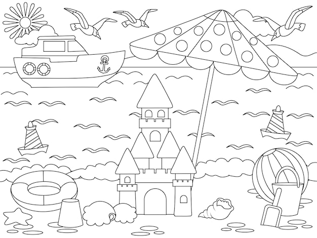 Juegos de arena de playa Yate en el mar Los niños juegan en el castillo de arena de la playa Trazo negro vectorial