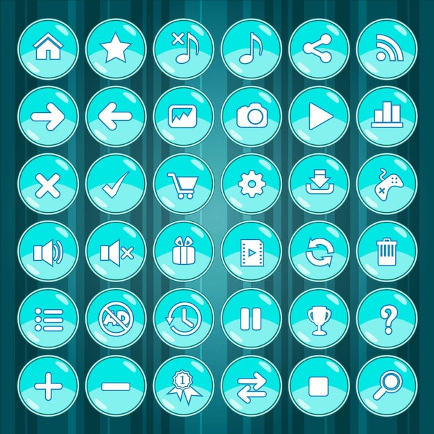Juegos de botones e iconos azules en verde