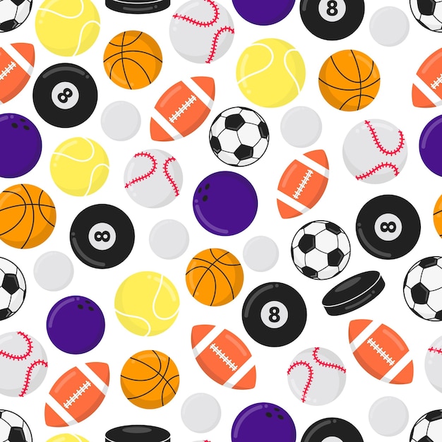Juegos deportivos sin costuras, bolas de patrón, diseño de estilo plano, conjunto de ilustraciones vectoriales