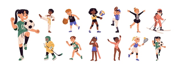 Juegos deportivos para niños conjuntos de ejercicios Los niños son jugadores de fútbol infantil Activo niño corriendo nadando esquiando Niño jugando al béisbol Niña jugando al tenis Ilustración de vector aislado plano en blanco