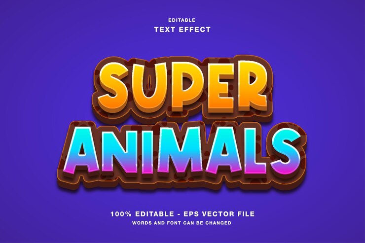 Vector juegos de dibujos animados de súper animales efecto de texto editable