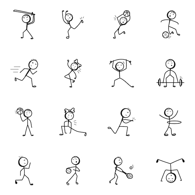 Vector juegos doodle stick figure iconos