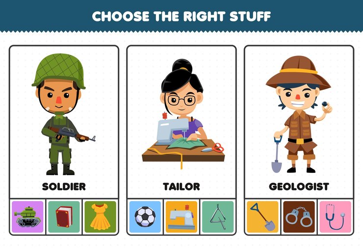 Vector los juegos educativos para niños eligen la profesión adecuada para la hoja de trabajo imprimible del geólogo del sastre del soldado de dibujos animados lindo