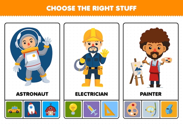 Los juegos educativos para niños eligen la profesión adecuada para la hoja de trabajo imprimible del pintor electricista astronauta de dibujos animados lindo