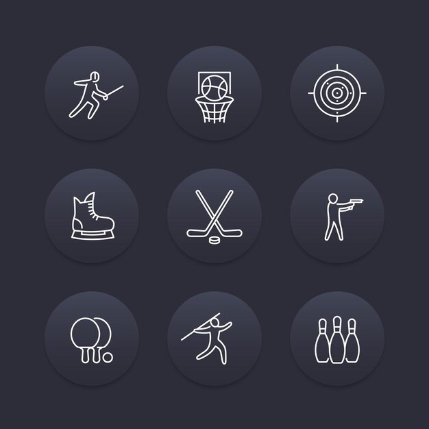 juegos de equipo deportivo iconos de línea de hockey ping pong baloncesto esgrima redondos iconos oscuros pictogramas lineales deportivos