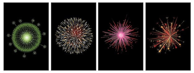 juegos de fuegos artificiales Fuegos artificiales con patrones festivos explotan en varias formas pictogramas brillantes