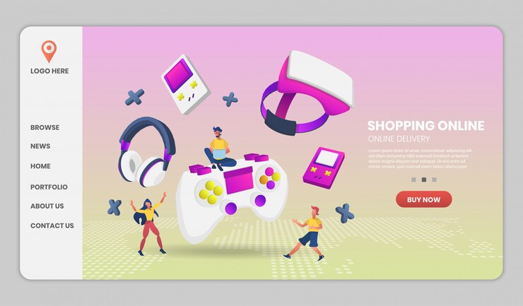 Vector juegos en hardware de videojuegos en concepto de compras en línea. ilustración del concepto de vector