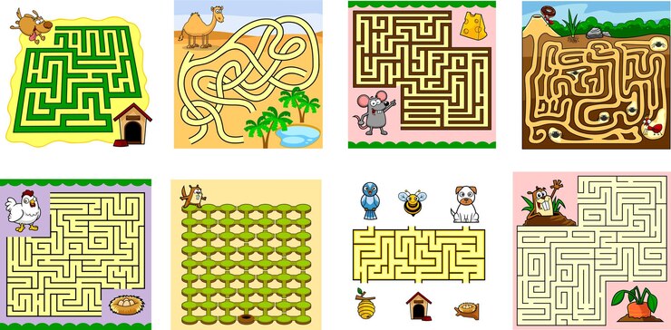 Vector juegos de laberinto de dibujos animados educación para niños conjunto de colección dibujado a mano vectorial