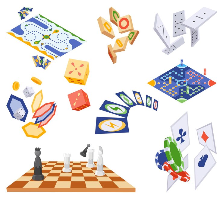 Vector juegos de mesa establecidos plana vista isométrica aislado icono de color backgammon damas de ajedrez y dominó