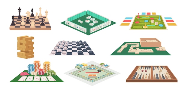 Juegos de mesa Familia ocupación lúdica tarjetas de dominó mahjong ajedrez ilustraciones vectoriales exactas en estilo de dibujos animados Colección de tablero de juego para jugar con niños