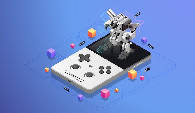 Juegos móviles. Gran robot en la pantalla de la consola de bolsillo. Concepto de RA para desarrollo móvil. Ilustración isométrica moderna.