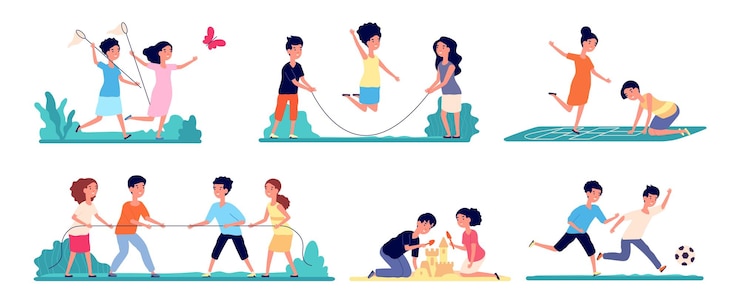 Vector juegos para niños al aire libre juego de niños aislado actividades divertidas en la naturaleza rayuela niña de dibujos animados captura mariposa en el patio de recreo conjunto de vectores completos