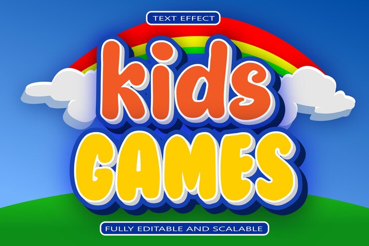 Vector juegos para niños efecto de texto editable 3 dimensiones en relieve estilo moderno