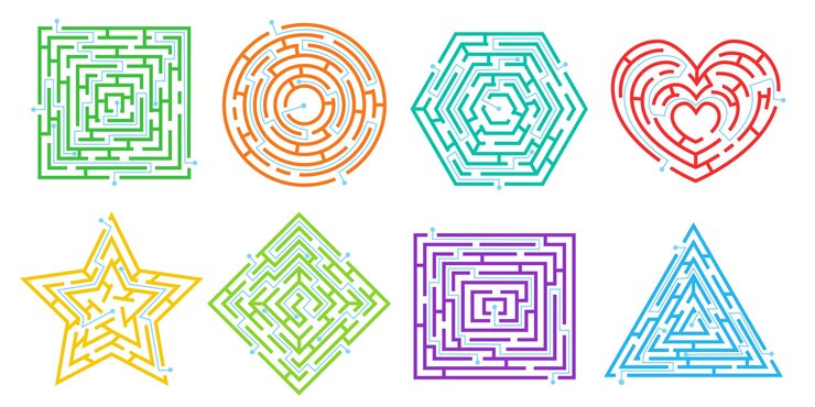 Vector juegos de rompecabezas de laberinto en diferentes formas, laberintos simples para niños. juego de búsqueda de rutas, rompecabezas de laberinto, juego de vectores de acertijos de ruta de búsqueda. desafío para niño, buscando camino o dirección.