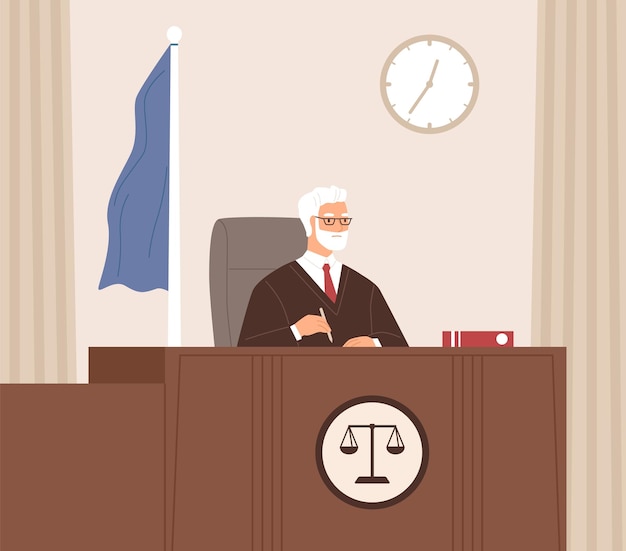 Juez de la corte serio sentado en el banco, escuchando y tomando notas en la sala del tribunal con bandera. Autoridad legal en el trabajo. Hombre mayor vestido de negro en el escritorio con código. Ilustración de vector plano coloreado.