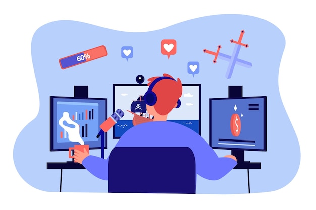 Jugador con auriculares jugando videojuegos de batalla en línea. Adolescente sentado en la ilustración de vector plano de monitores de computadora. Multijugador, concepto de deportes cibernéticos para banner, diseño de sitio web o página web de destino