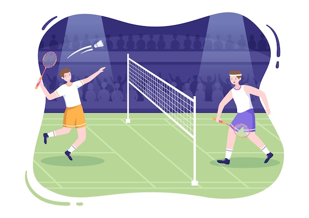 Jugador de bádminton con lanzadera en la cancha en ilustración plana de dibujos animados Juego deportivo feliz