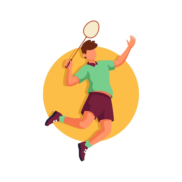 Jugador de bádminton saltando smash Campeonato de bádminton Ilustración vectorial plana aislada en fondo blanco