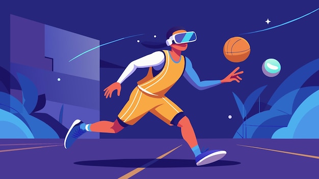 Vector un jugador de baloncesto con auriculares esquivando a los defensores virtuales y realizando ejercicios de ruptura rápida en un