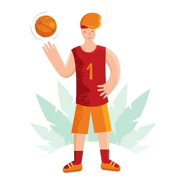 Vector jugador de baloncesto feliz en uniforme con balón aislado. atleta masculino joven que juega con la pelota. ilustración de dibujos animados.