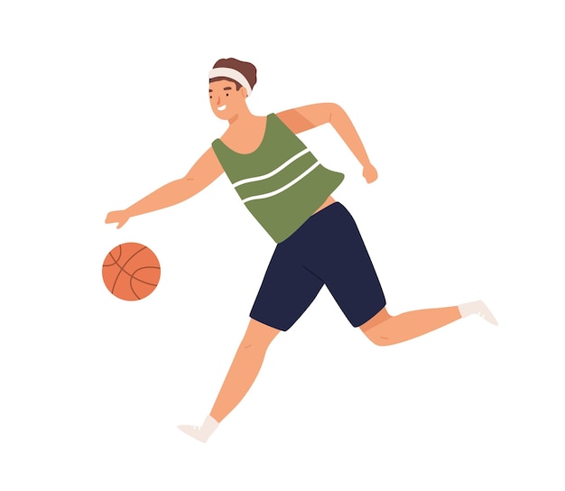 Jugador de baloncesto femenino o masculino corriendo con pelota. Retrato de un joven atlético o una mujer jugando un juego deportivo profesional. Ilustración de dibujos animados de vector plano aislado sobre fondo blanco.
