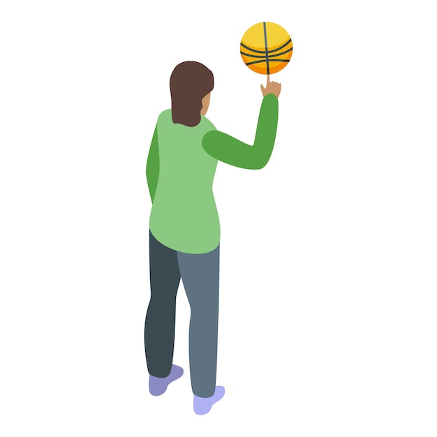 Jugador de baloncesto girando la pelota con el dedo hacia atrás vista isométrica