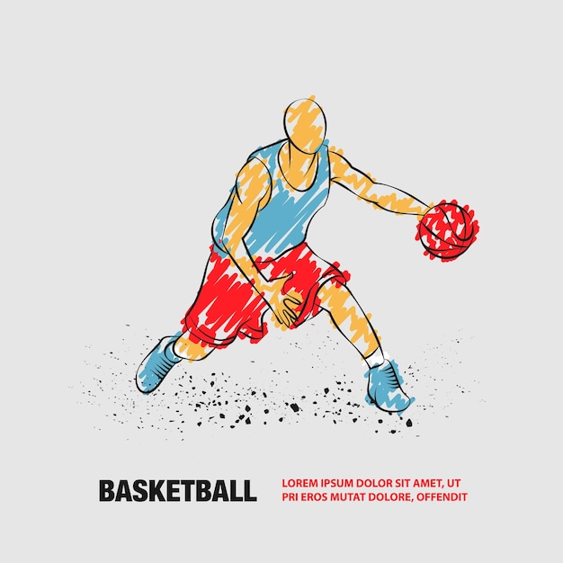 Jugador de baloncesto con pelota Contorno vectorial de jugador de baloncestro con estilo de garabateo