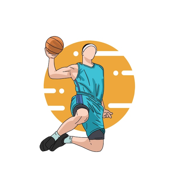 Jugador de baloncesto saltando con la ilustración de vector de pelota