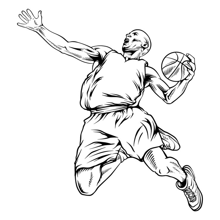 Vector jugador de baloncesto slamdunk línea de arte en blanco y negro
