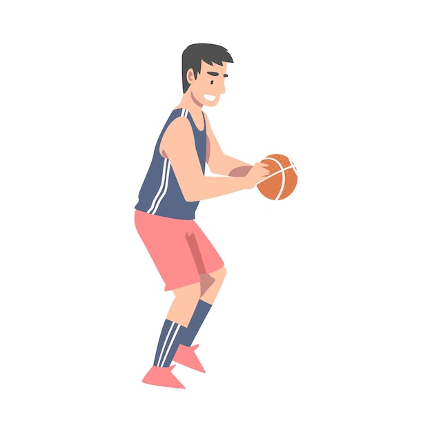 Jugador de baloncesto en uniforme jugando con una pelota Ilustración vectorial al estilo de dibujos animados