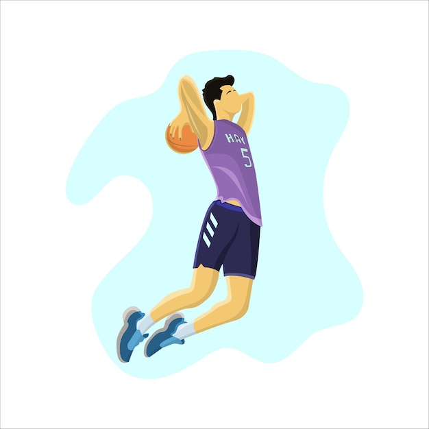 El jugador de baloncesto volador está a punto de obtener una puntuación alta en el diseño de ilustración de vector plano de aire