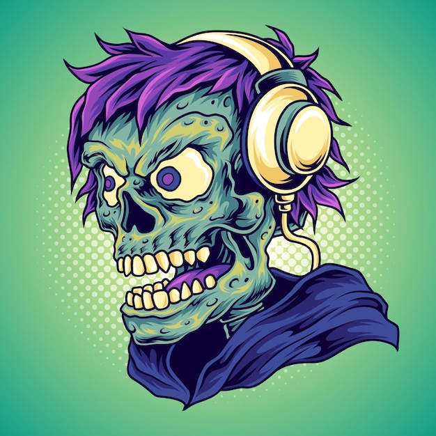 Jugador de cabeza de zombi con auriculares