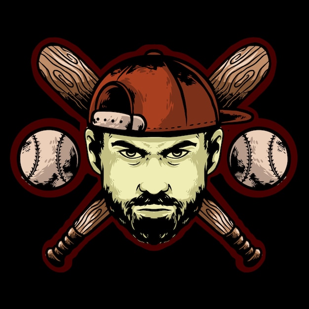 Vector jugador de cara de béisbol con sombrero y palo