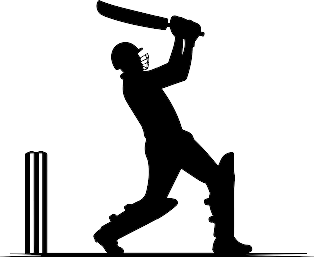 El jugador de cricket tiene una silueta vectorial mínima, una silueta de color negro y un fondo blanco.