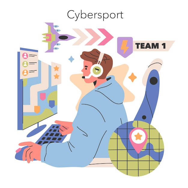 Un jugador entusiasta inmerso en el ciberdeportivo que muestra el trabajo en equipo a través de un juego digital atractivo