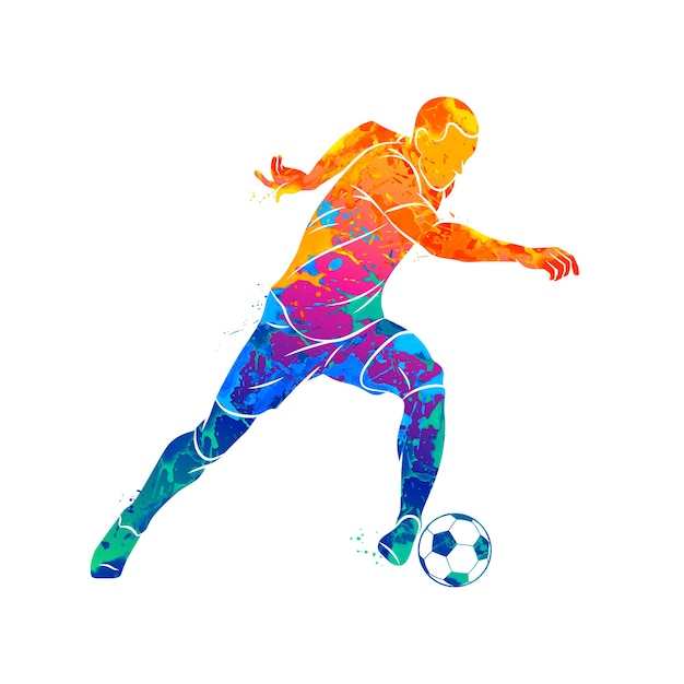 Jugador de fútbol abstracto corriendo con el balón de salpicaduras de acuarelas. ilustración de pinturas.