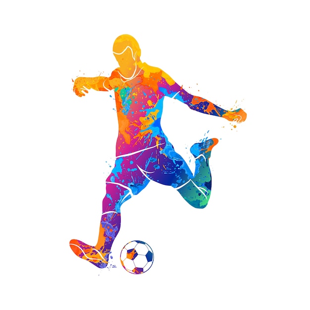 Jugador de fútbol abstracto disparar rápidamente una bola de salpicaduras de acuarelas. Ilustración de pinturas.