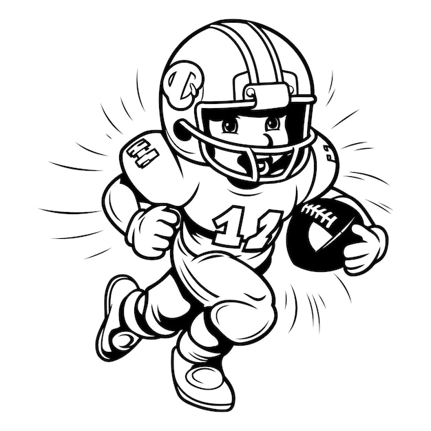 Jugador de fútbol americano corriendo con la pelota Ilustración vectorial en blanco y negro