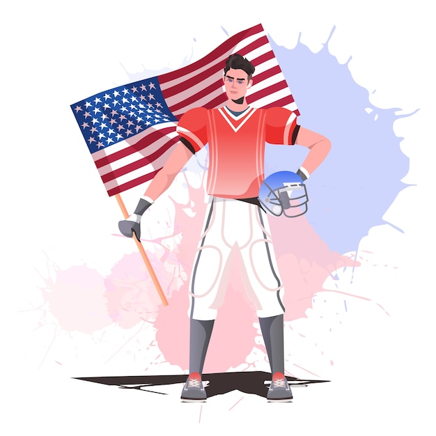 Vector jugador de fútbol americano sosteniendo la bandera de estados unidos feliz celebración del día del trabajo