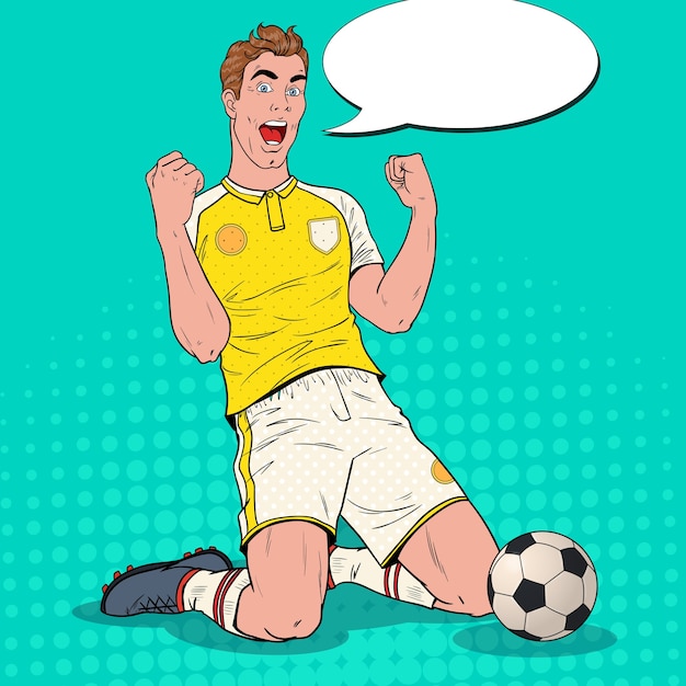 Jugador de fútbol de arte pop celebrando gol. Futbolista feliz, concepto deportivo, Copa del Mundo.